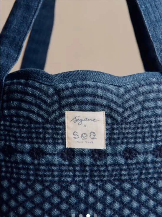 Sézane Sea New York Collaboration Denim Tote Embroidered Blue NWT - Picture 3 of 10